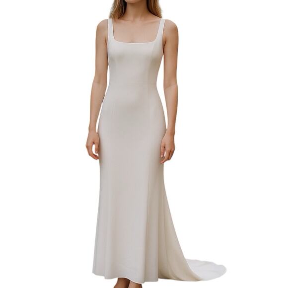 Lulu's Dresses & Skirts - Lulus White Dress With Train Size Small Square Neck Minimalist Crepe Wedding